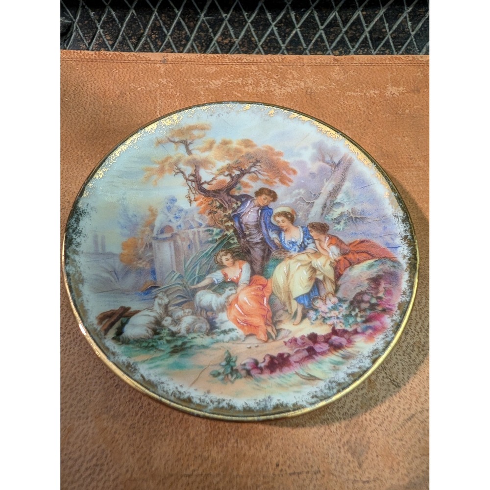 Limoges France Fragonard Courting Couple Butter Pat Miniature Plate Gold Trim